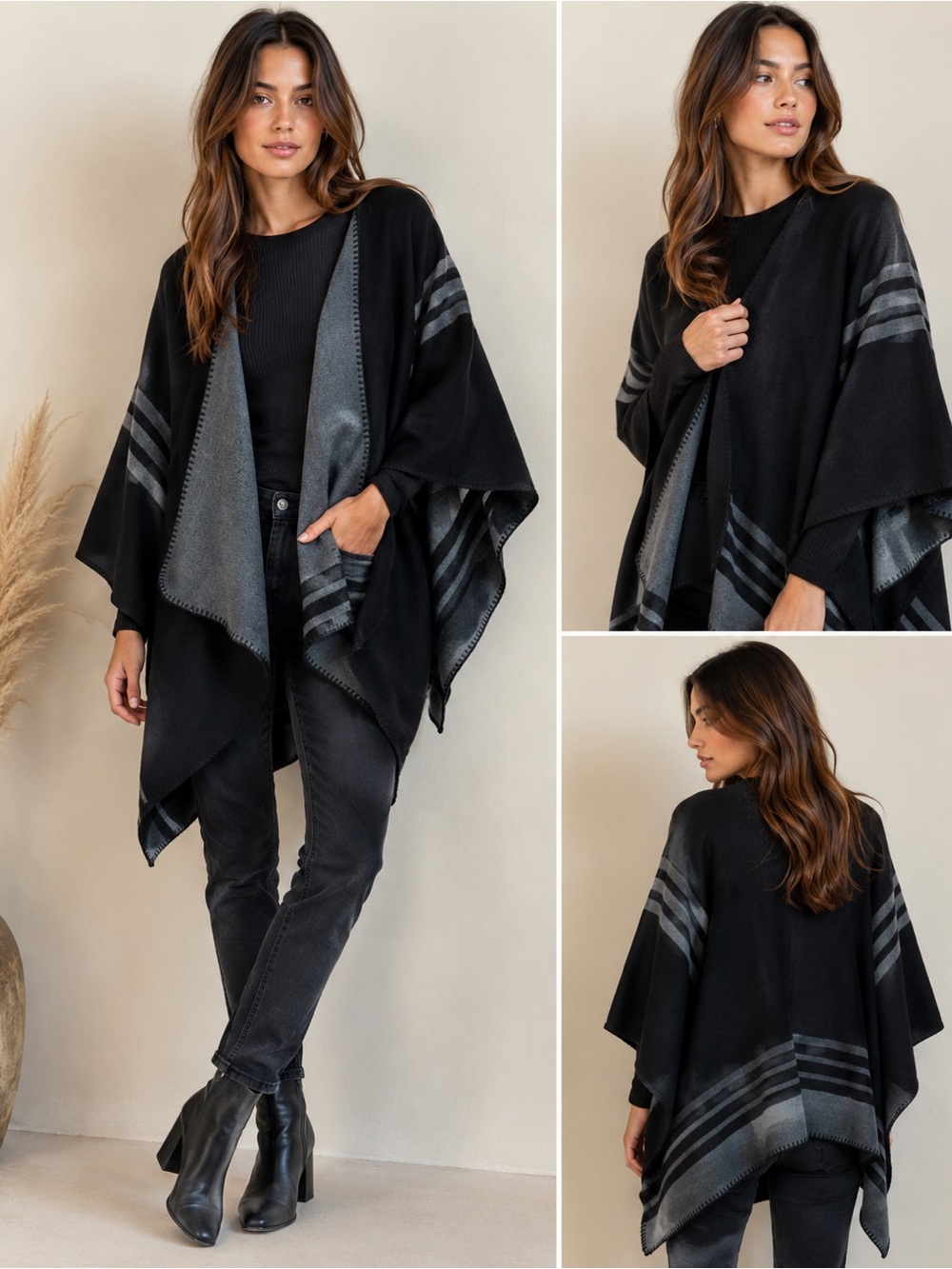 BB DAKOTA Black/Gray Poncho Wrap